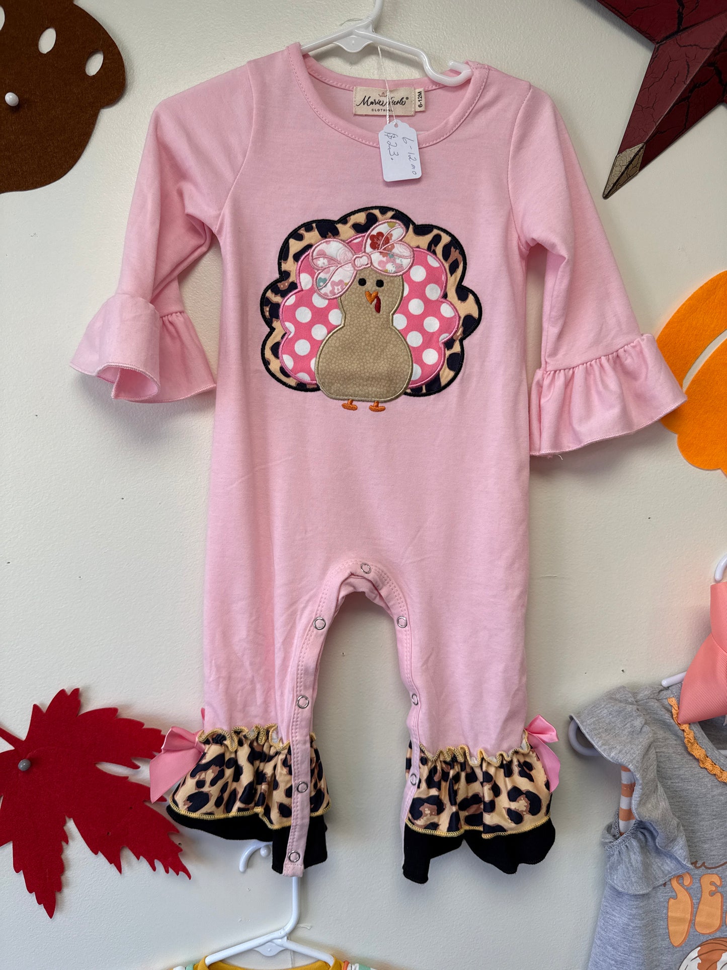 Pink & leopard Thanksgiving long sleeve romper.