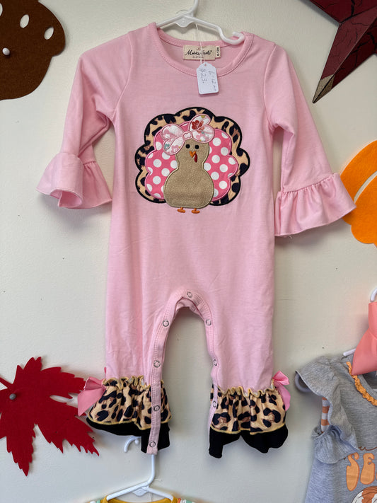 Pink & leopard Thanksgiving long sleeve romper.